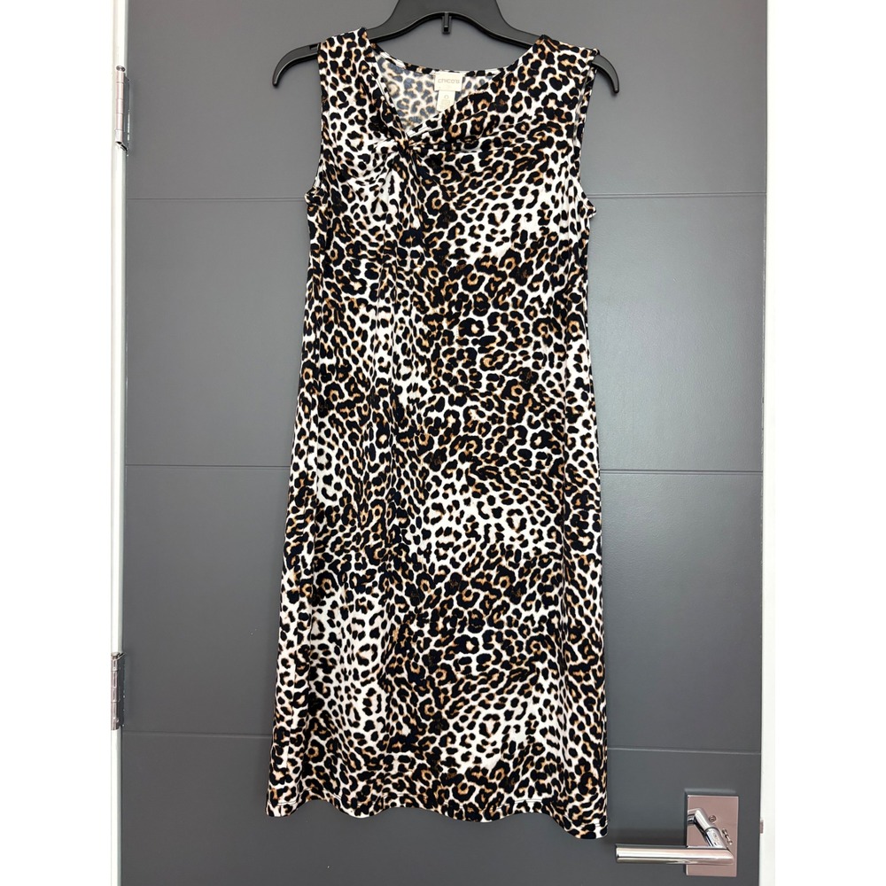 Chicos Leopard Print Twist Front Sleeveless Sheath Dress Tan Black White Size 0